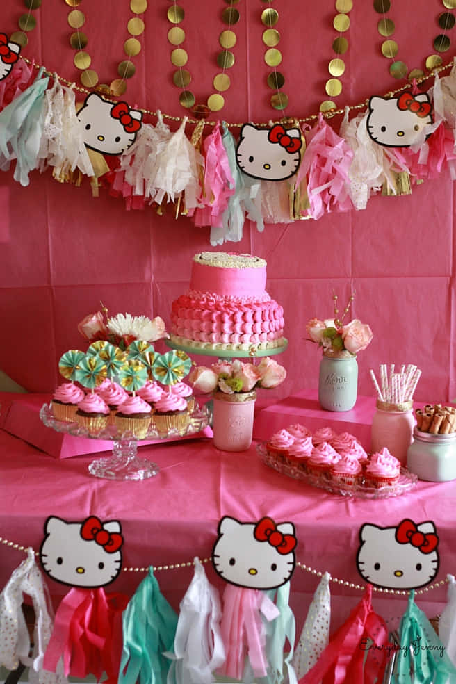 Hello Kitty, birthday party, pink backdrop, SD Phone Wallpaper