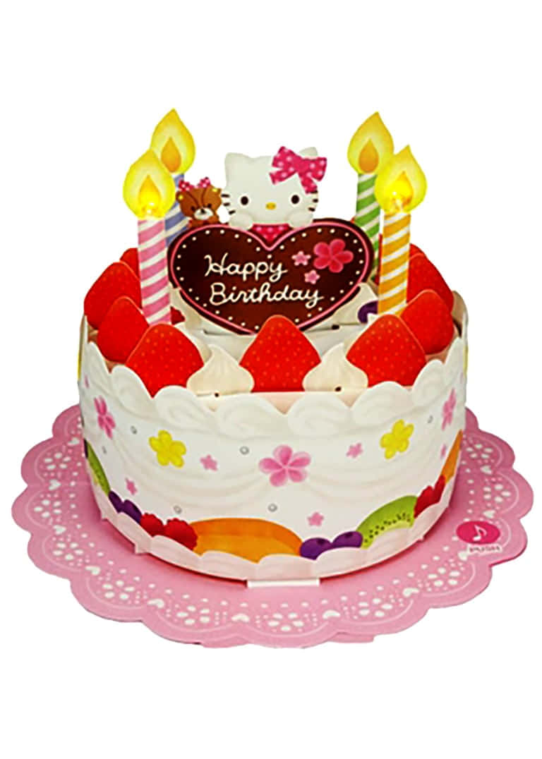Hello Kitty, birthday cake, strawberries candles, SD Phone Wallpaper