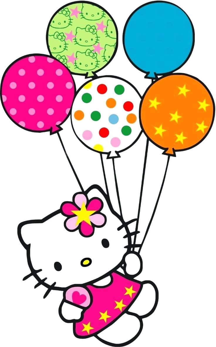 Hello Kitty, pink star dress, colorful patterned balloons, SD Phone Wallpaper