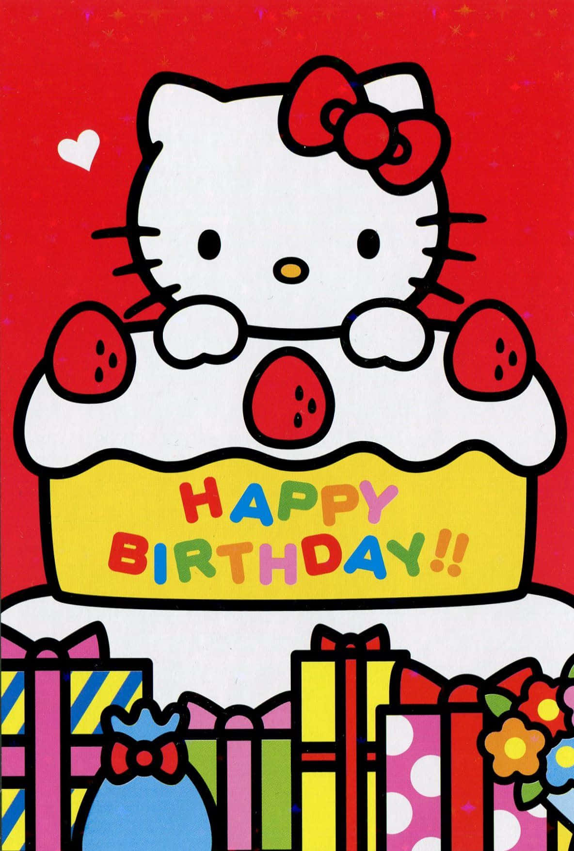 Hello Kitty, strawberry-topped birthday cake, colorful gifts, HD Phone Wallpaper