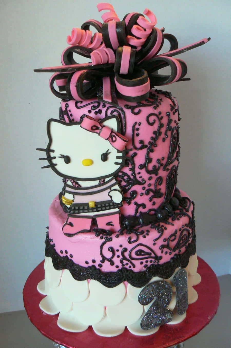Hello Kitty, pink cake, black swirls, HD Phone Wallpaper