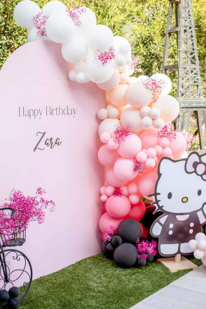 Hello Kitty, birthday backdrop, pink balloon arch, SD Phone Wallpaper