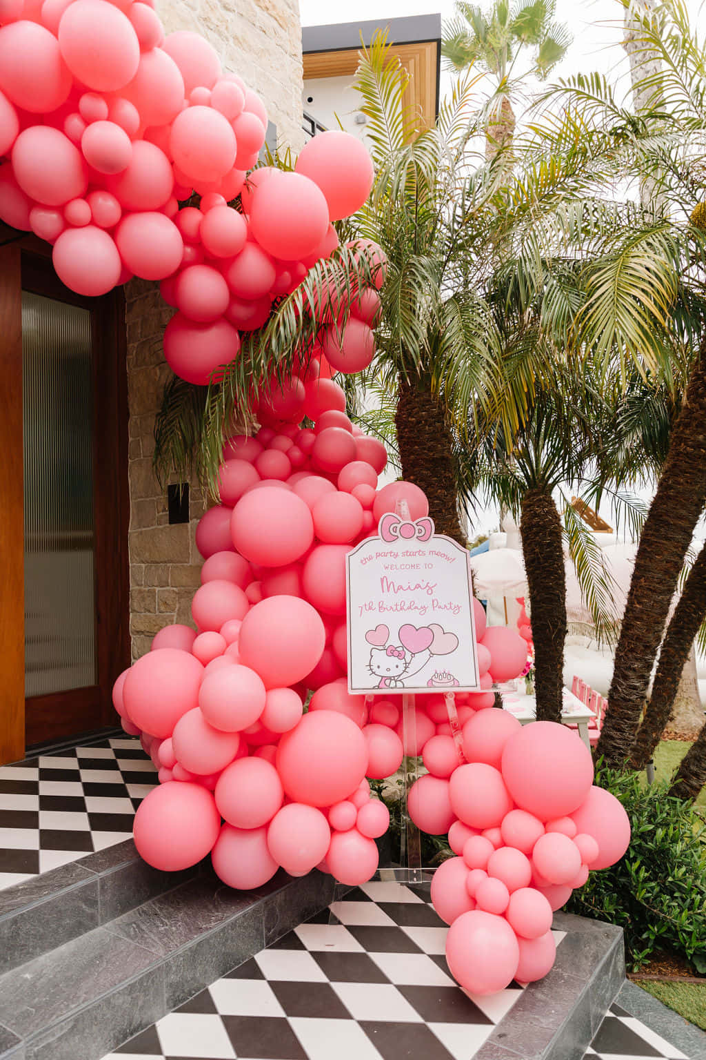 Hello Kitty, birthday party, vibrant pink balloon arch, HD Phone Wallpaper