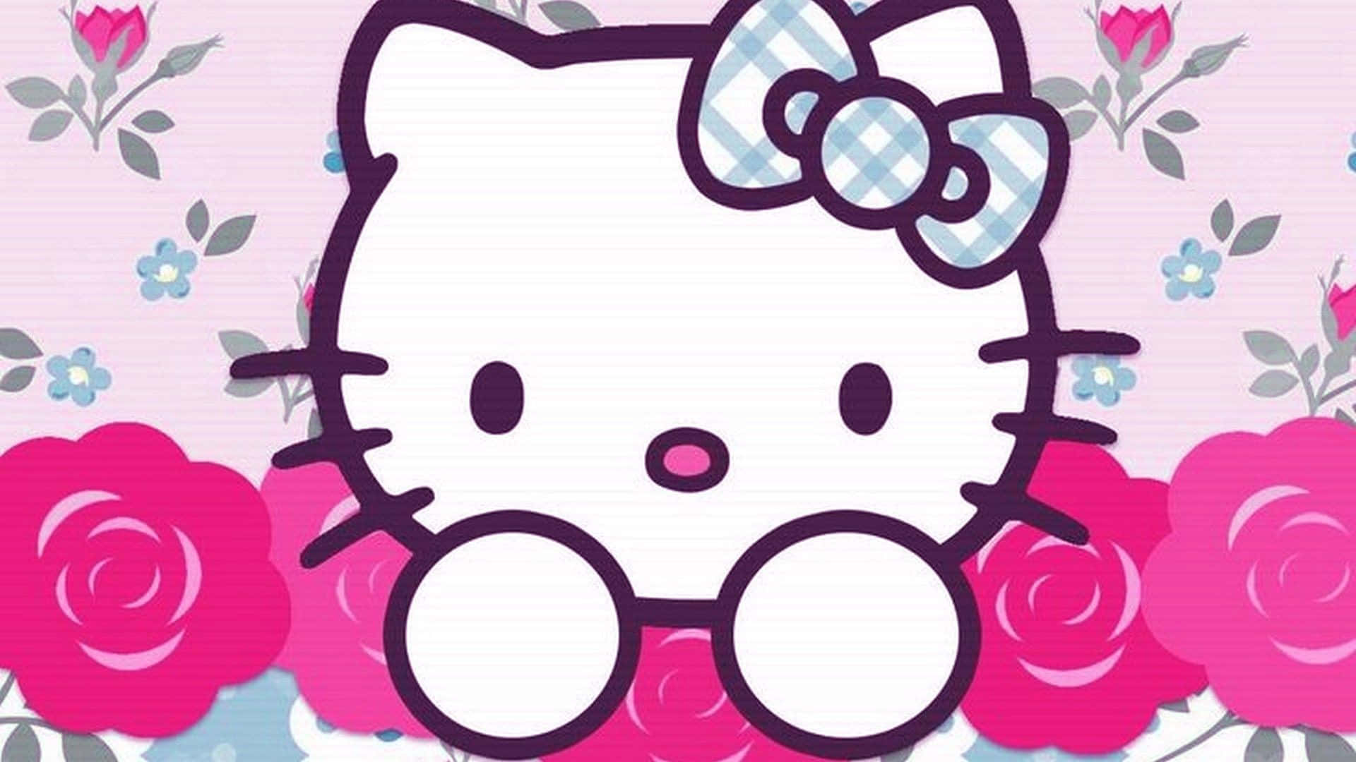 Hello Kitty, blue gingham bow, pink roses, Full HD Desktop Wallpaper