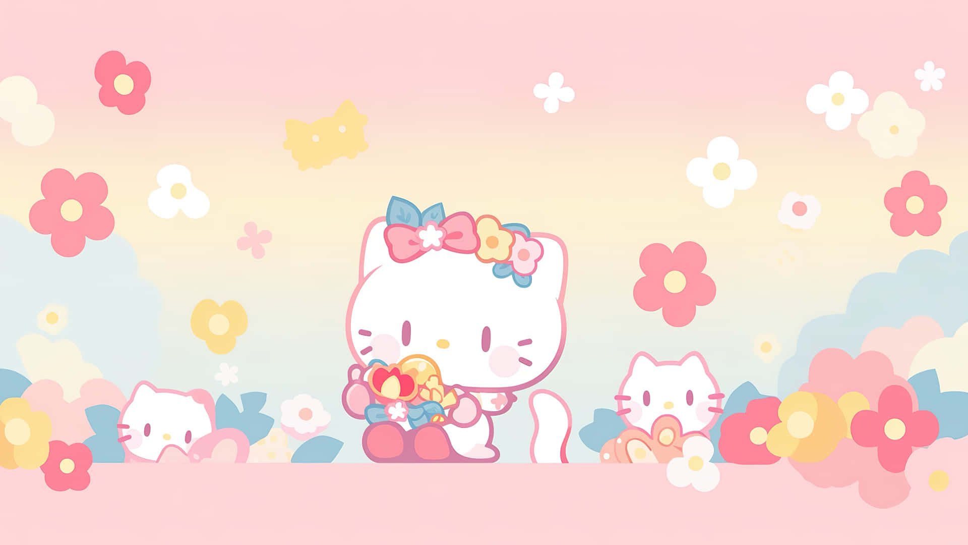 Hello Kitty, floral paradise, heart-shaped gift, Full HD Desktop Wallpaper