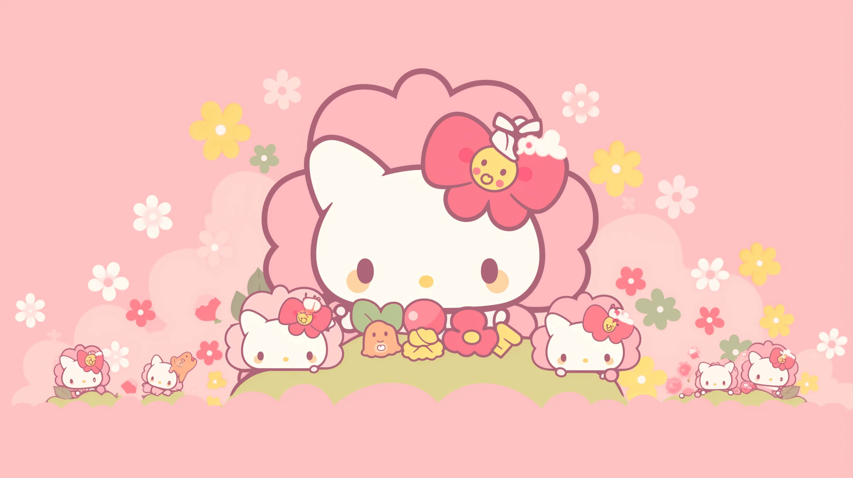 Hello Kitty, floral background, pink floral scene, 2K Desktop Wallpaper