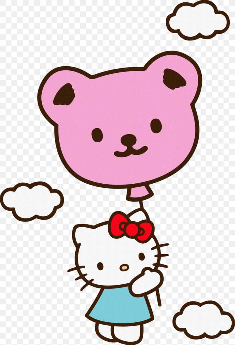Hello Kitty, pink teddy bear balloon, fluffy clouds, SD Phone Wallpaper