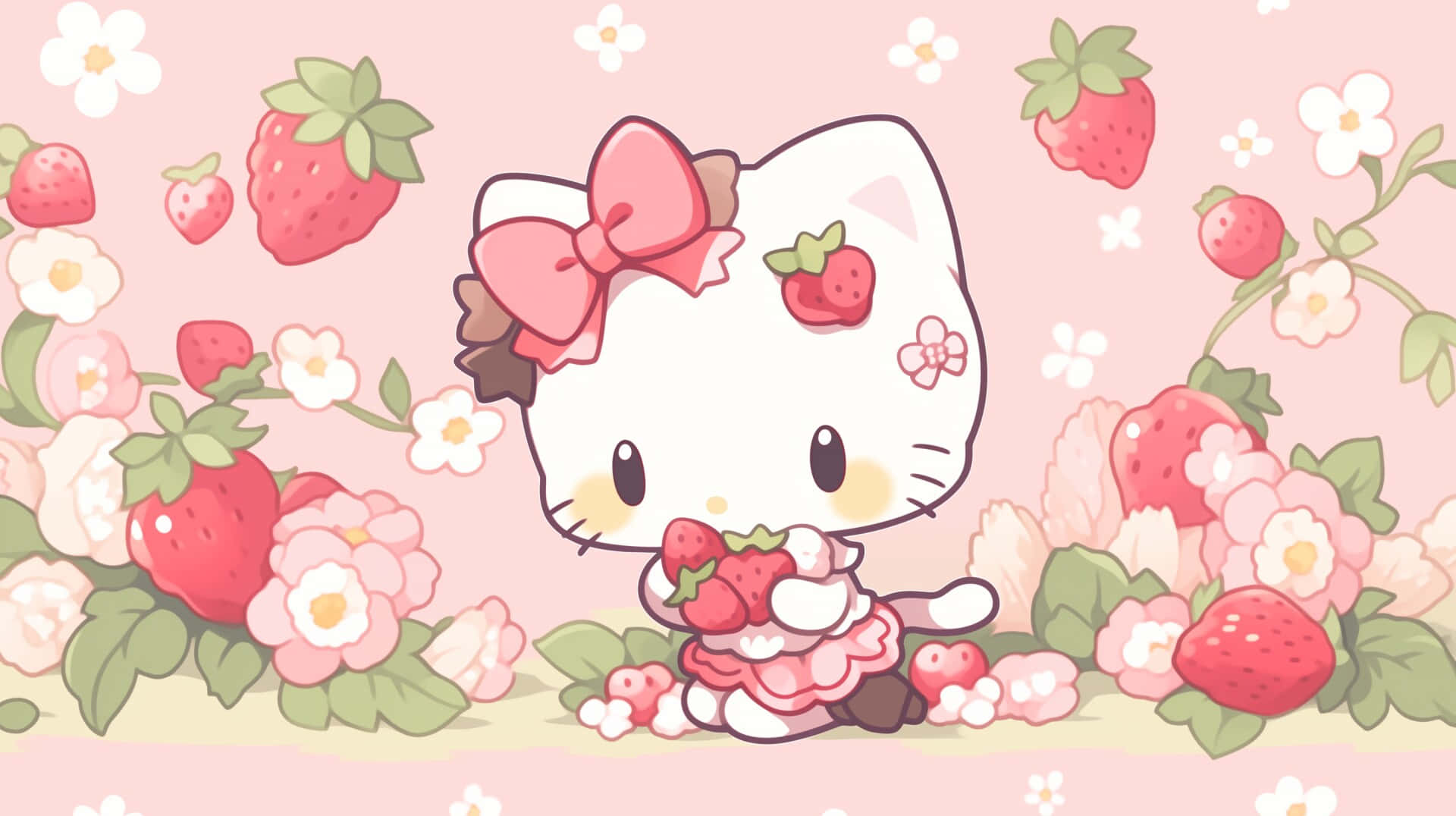 Hello Kitty, strawberry-themed garden, pink bow, Full HD Desktop Wallpaper