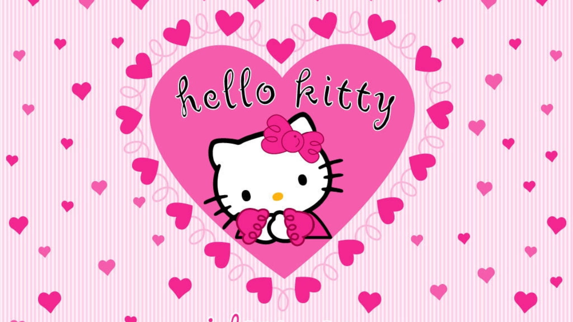 Hello Kitty, pink heart, striped pink background, Full HD Desktop Wallpaper
