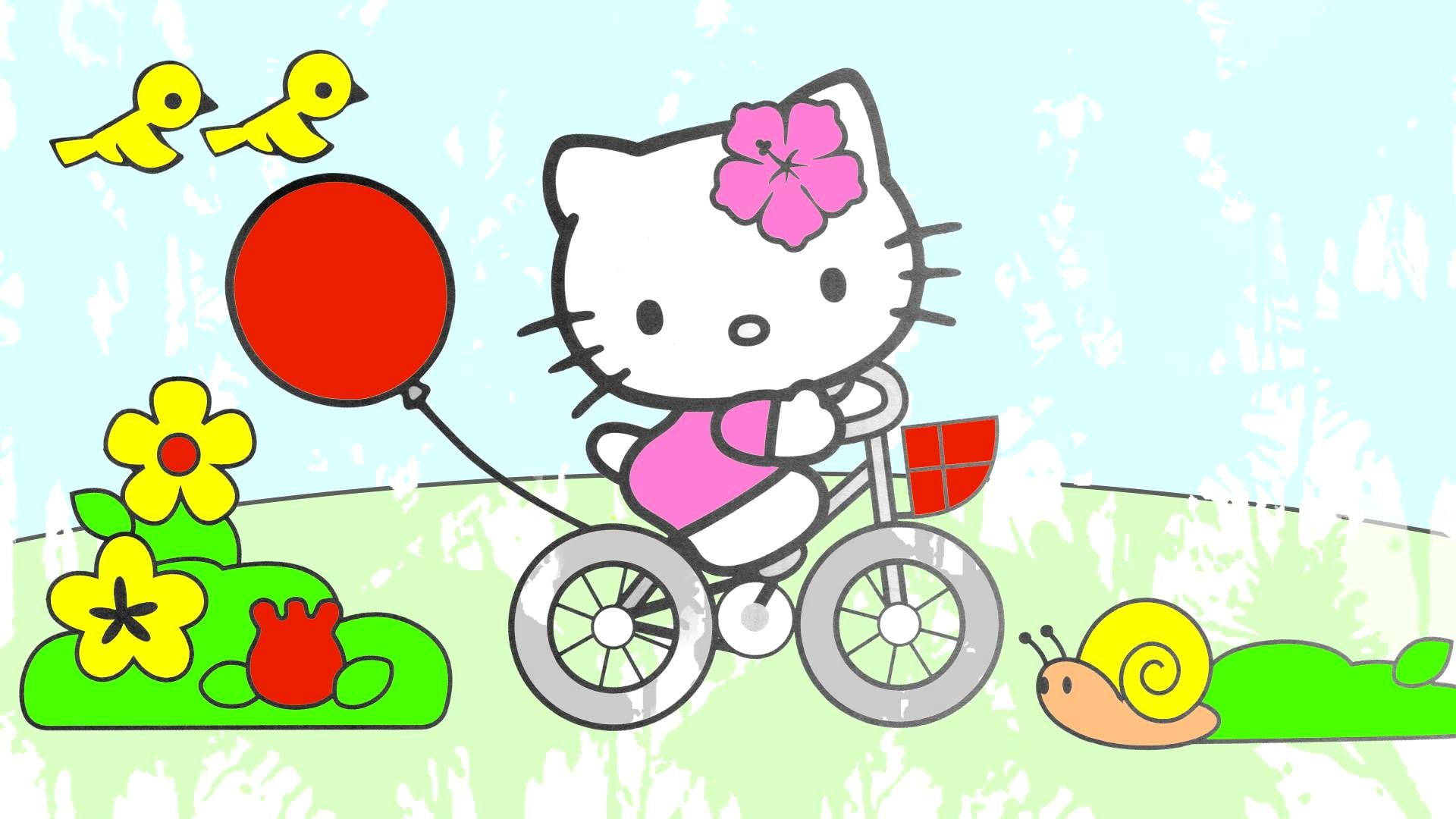 Hello Kitty, bicycle, red balloon, Full HD Desktop Wallpaper