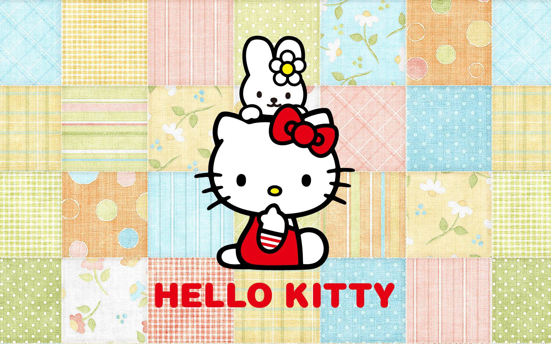 Hello Kitty, colorful patchwork quilt, floral patterns, Full HD Desktop Wallpaper