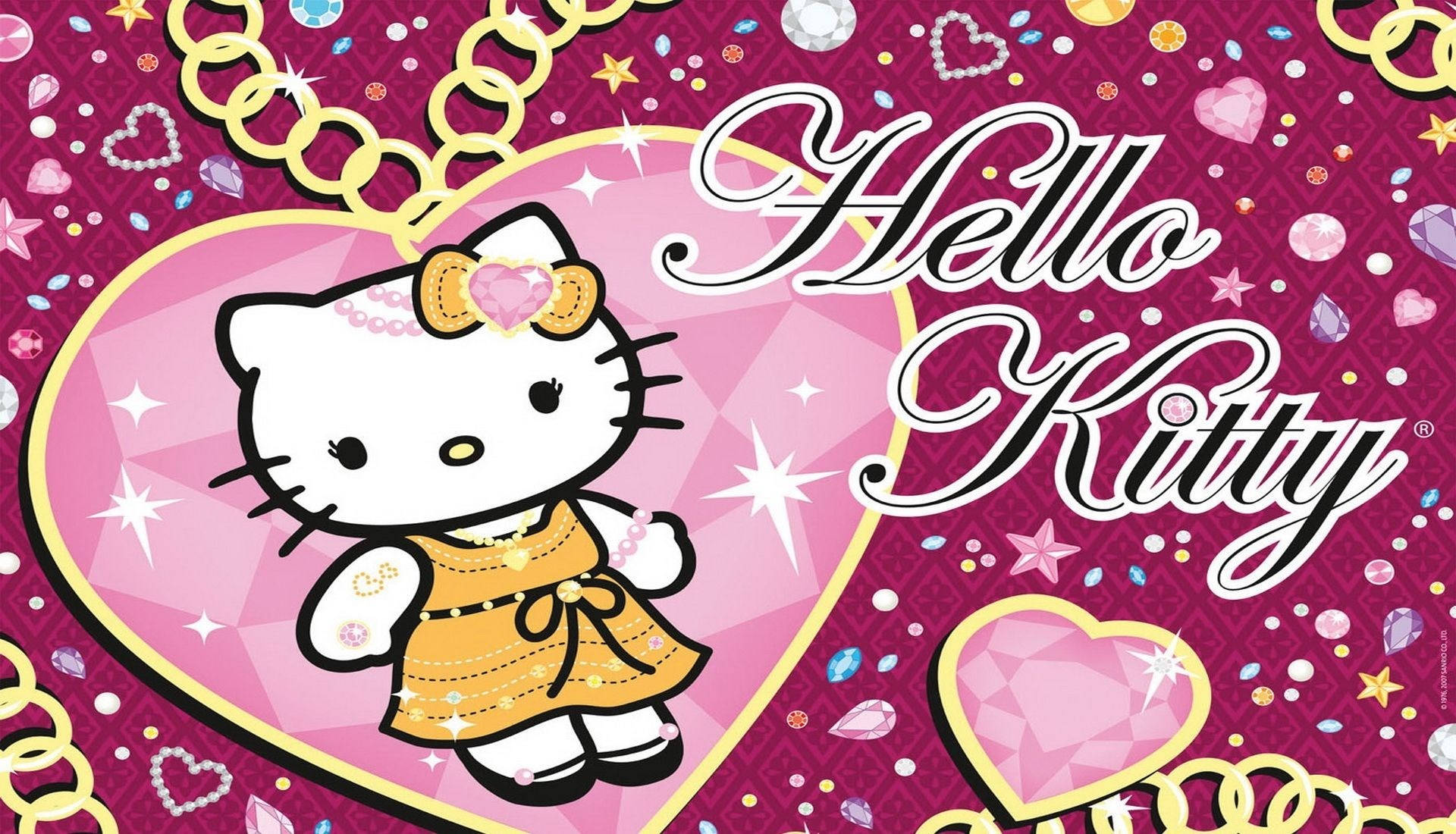 Hello Kitty, golden dress, glittering pink heart, Full HD Desktop Wallpaper