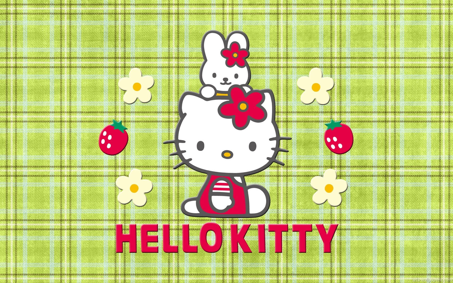 Hello Kitty, bunny, red flowers, Full HD Desktop Wallpaper