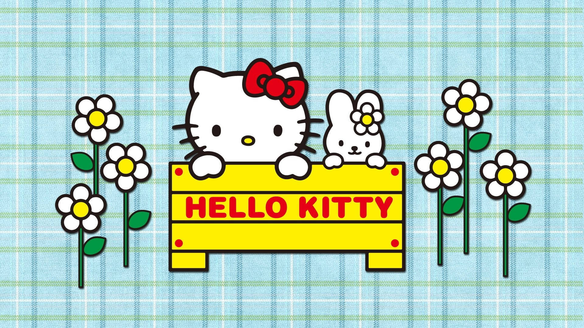 Hello Kitty, yellow sign, white daisies, Full HD Desktop Wallpaper