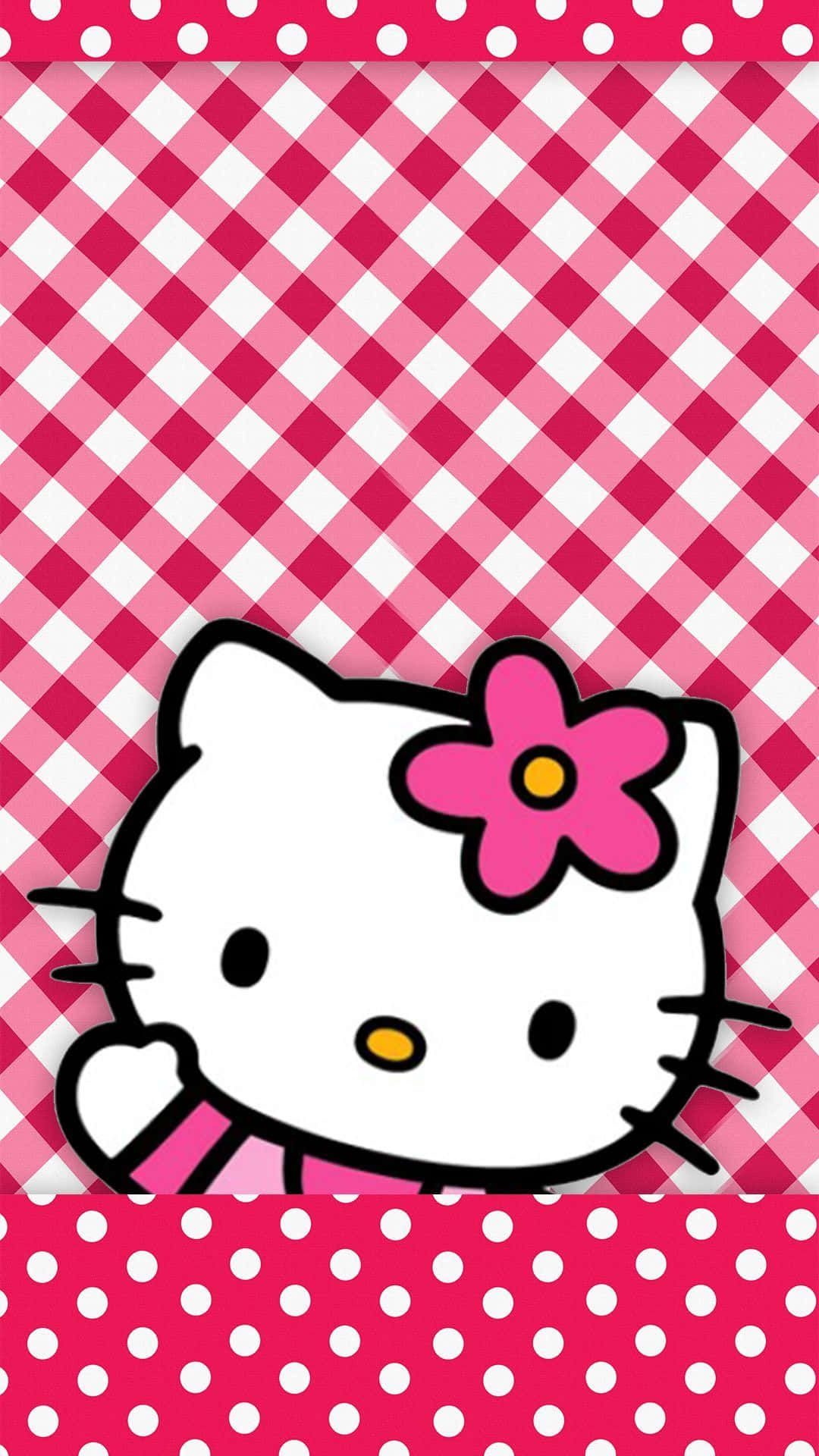 Hello Kitty, pink and white checkered background, polka dot borders, Full HD Phone Wallpaper