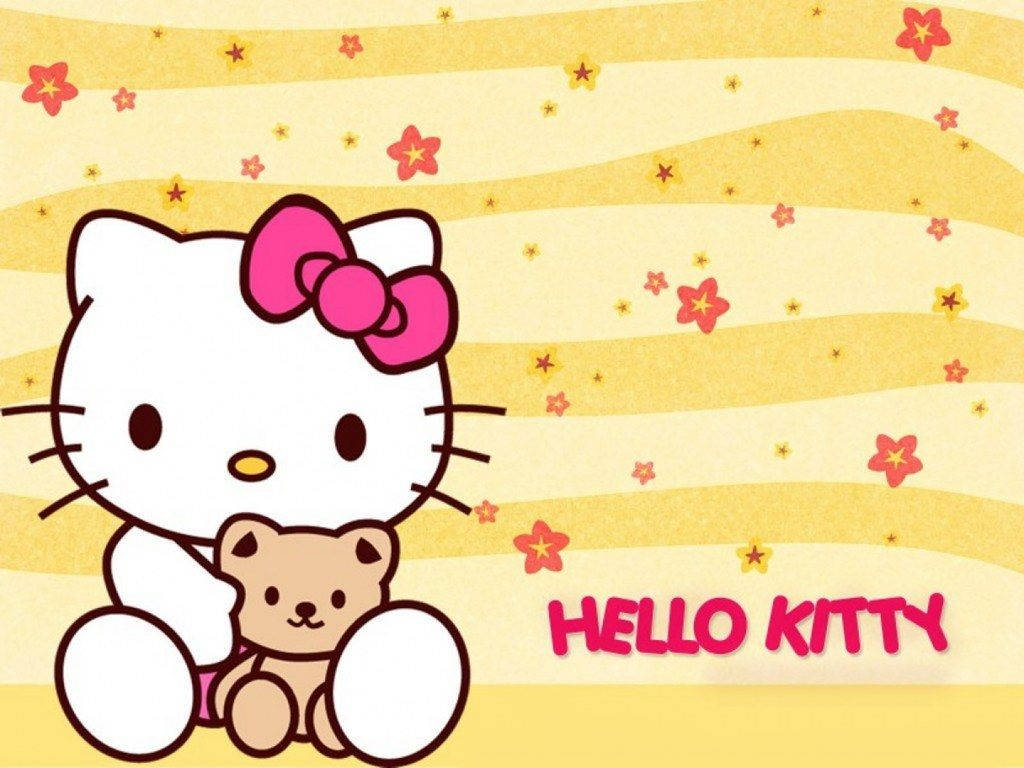Hello Kitty, yellow striped background, pink stars, SD Desktop Wallpaper