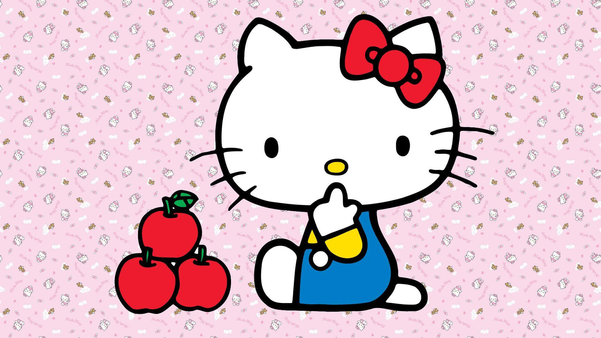 Hello Kitty, blue overalls, three red apples, Full HD Desktop Wallpaper
