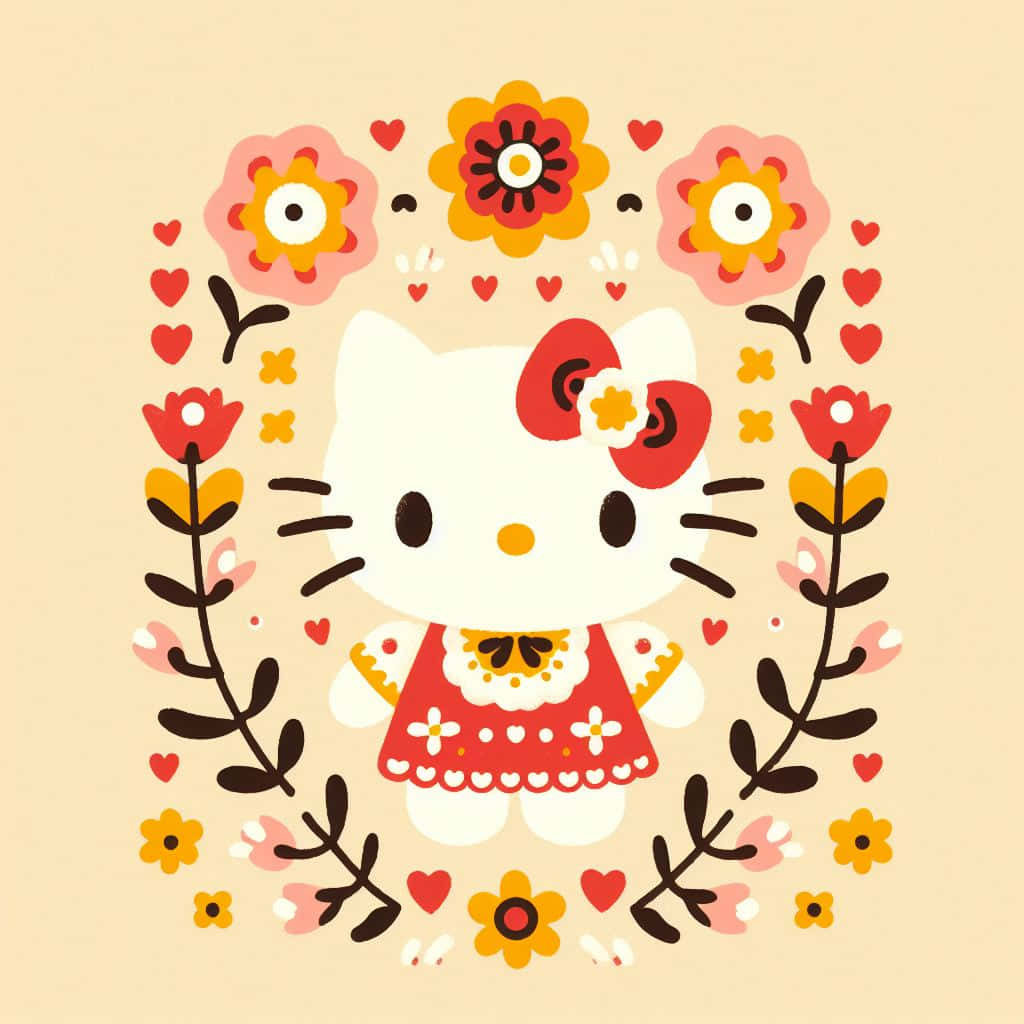 Hello Kitty, red floral dress, colorful flowers, SD Desktop Wallpaper