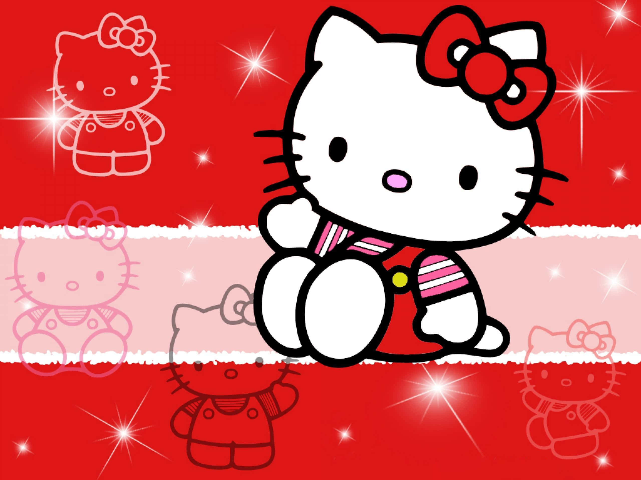 Hello Kitty, sparkling stars, red and pink background, 2K Desktop Wallpaper