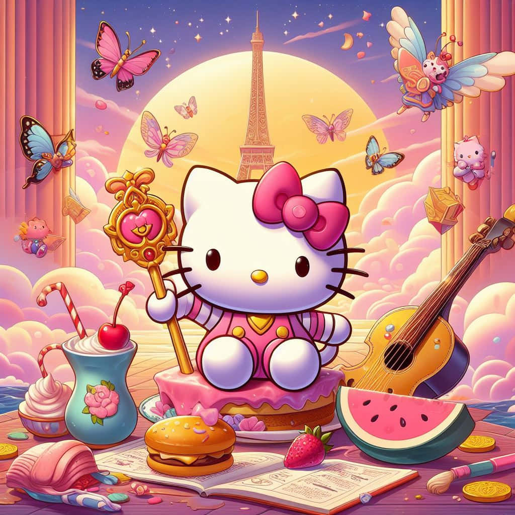 Hello Kitty, pink cake, whimsical Parisian sunset, SD Desktop Wallpaper