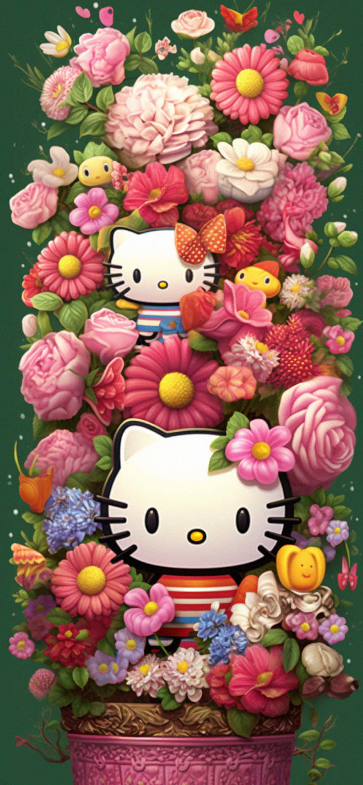 Hello Kitty, floral overflow, pink and red flowers, 2K Phone Wallpaper