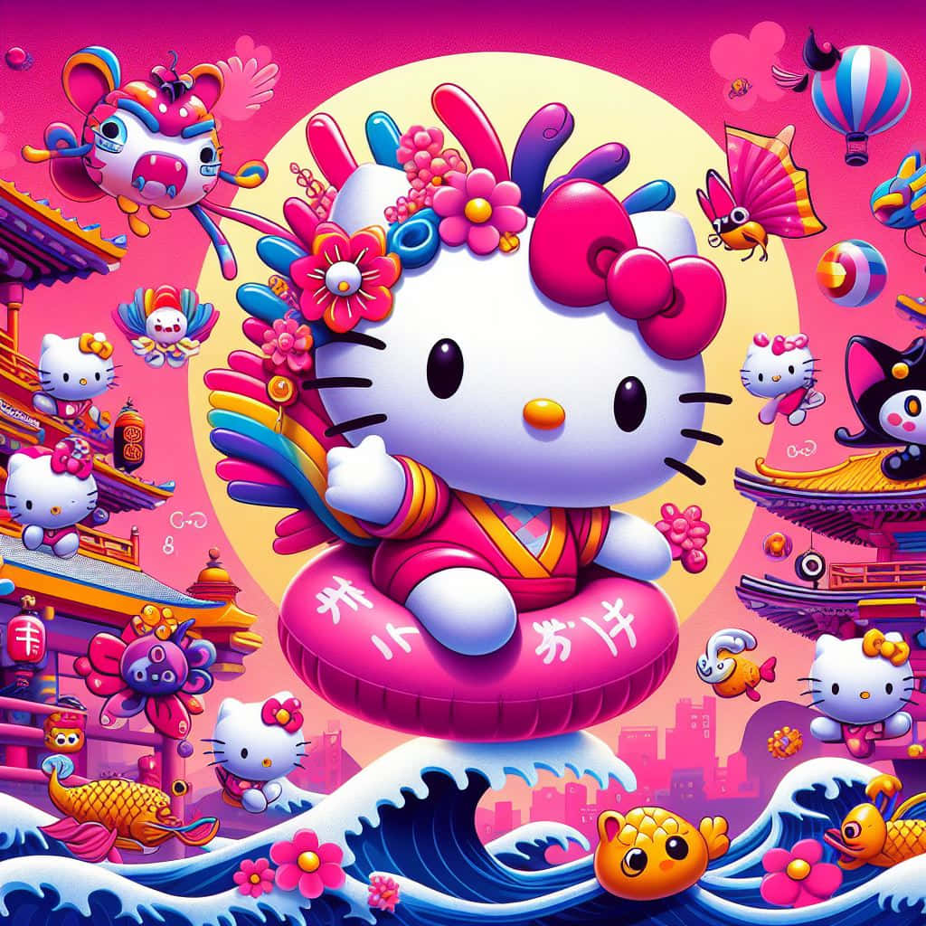 Hello Kitty, vibrant fantasy world, pink inflatable ring, SD Desktop Wallpaper