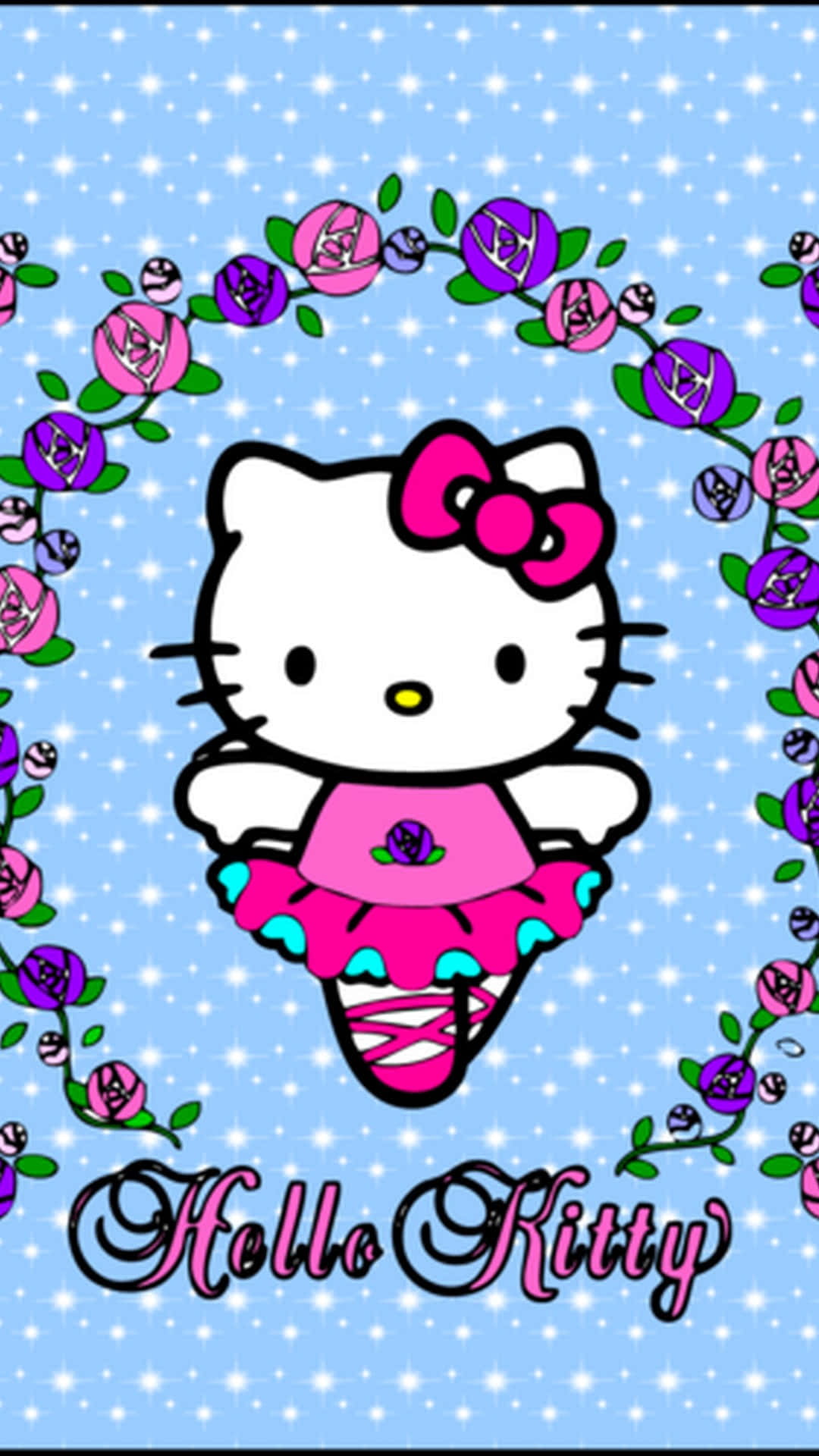 Hello Kitty, pink ballet outfit, pink and purple roses, Full HD Phone Wallpaper