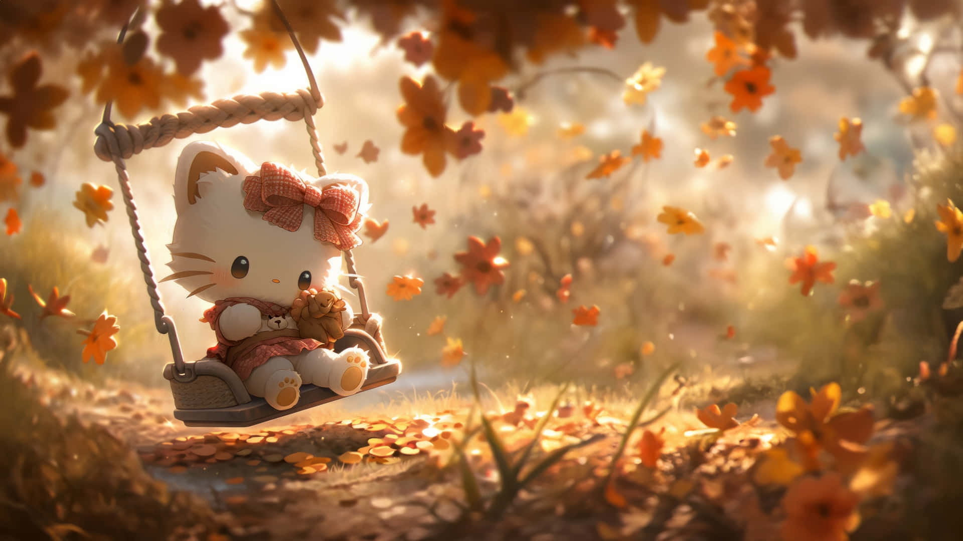 Hello Kitty, autumn swing, red bow, Full HD Desktop Wallpaper
