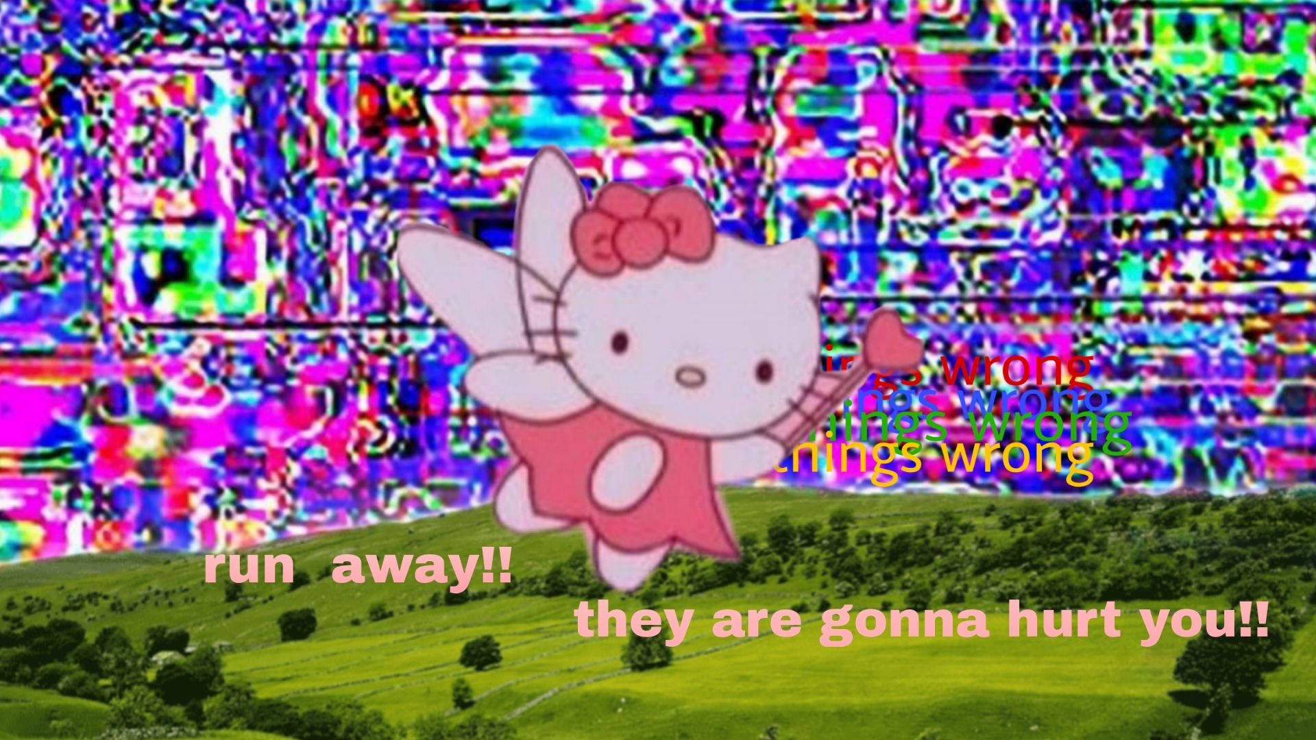 Hello Kitty, dreamcore sky, glitched rainbow field, Full HD Desktop Wallpaper