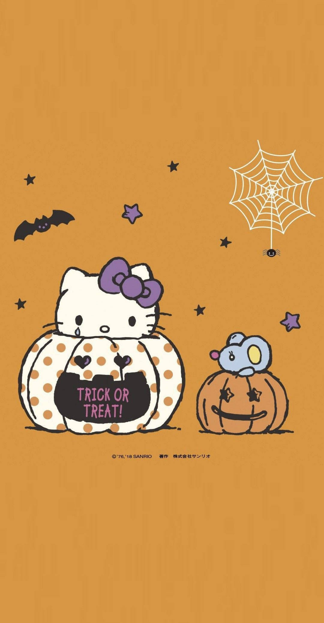 Hello Kitty, jack-o-lanterns, starry orange sky, Full HD Phone Wallpaper