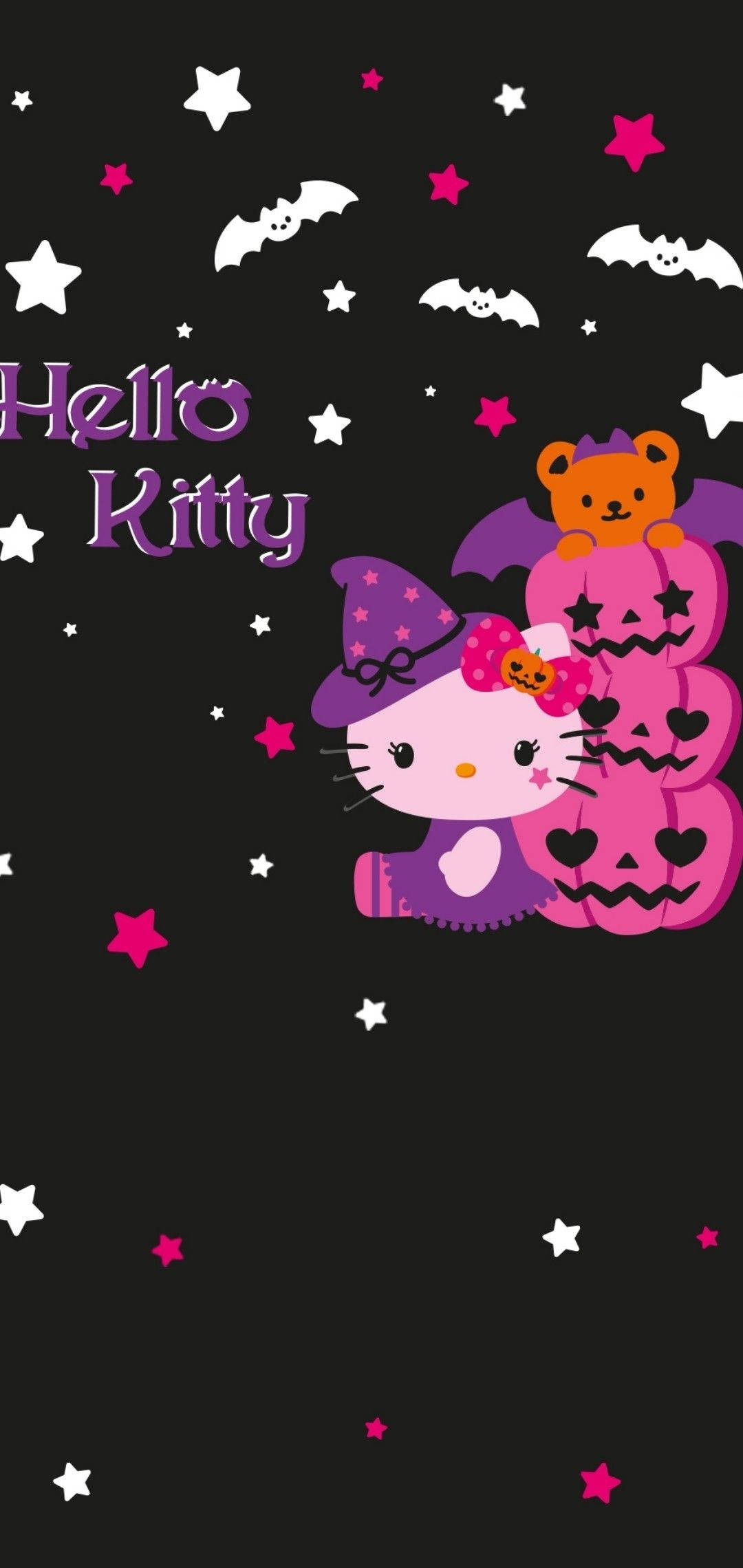 Hello Kitty, pink jack-o-lanterns, purple witch hat, Full HD Phone Wallpaper