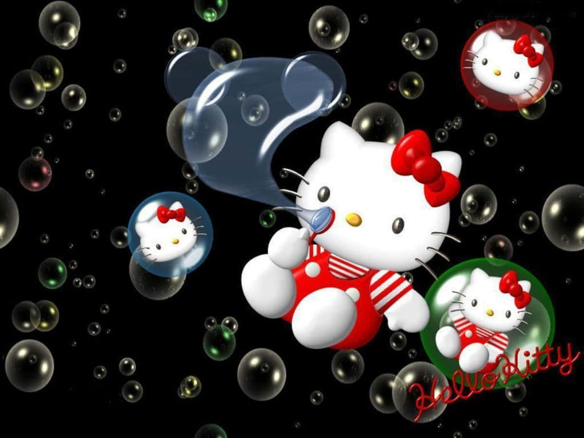 Hello Kitty, red striped outfit, giant bubble, SD Desktop Wallpaper