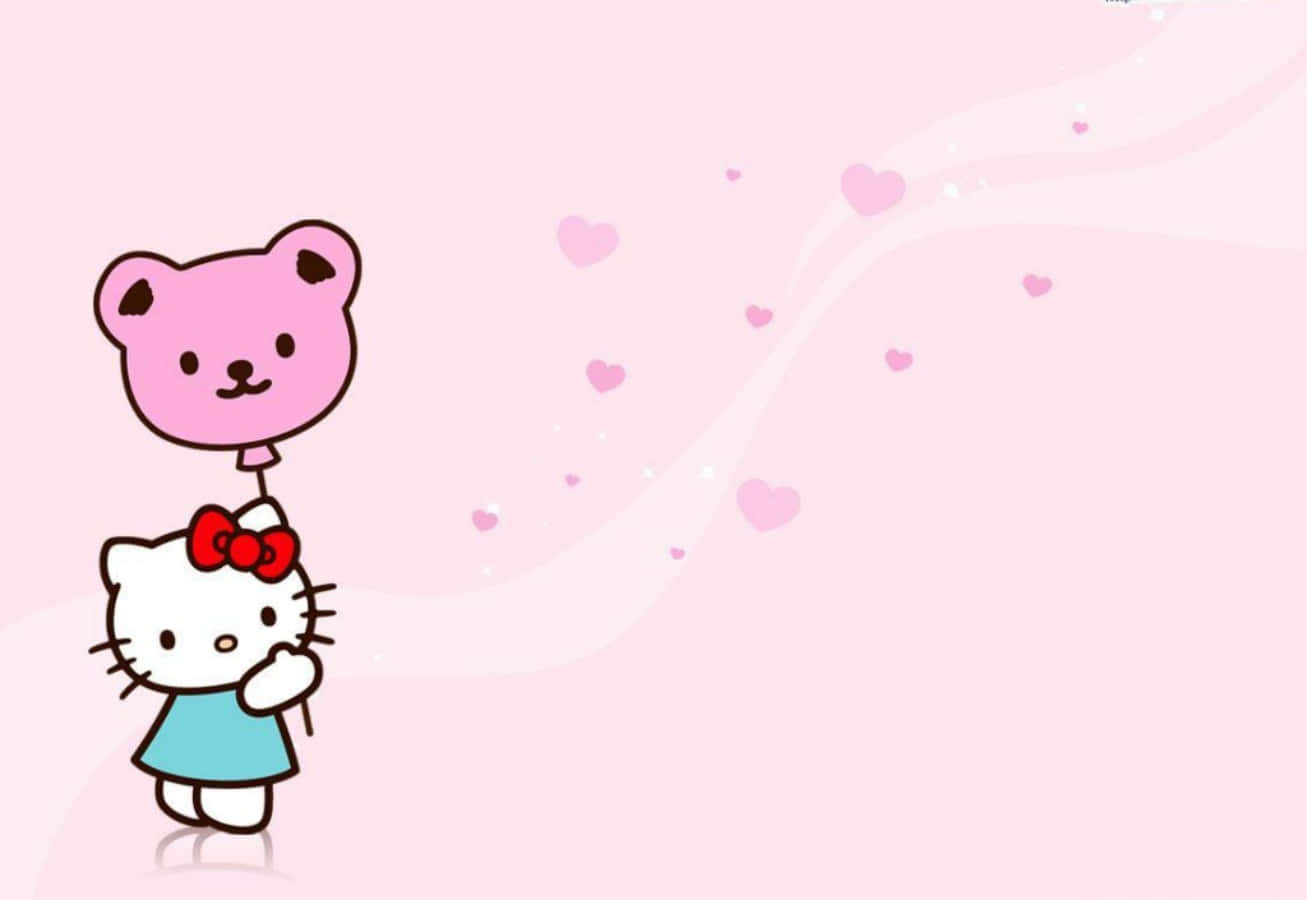 Hello Kitty, pink bear balloon, hearts, HD Desktop Wallpaper