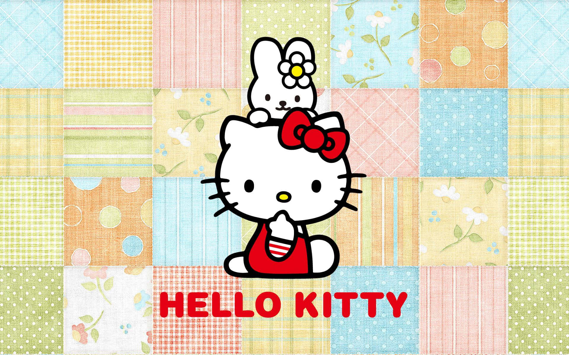 Hello Kitty, bunny friend, colorful patchwork quilt, Full HD Desktop Wallpaper