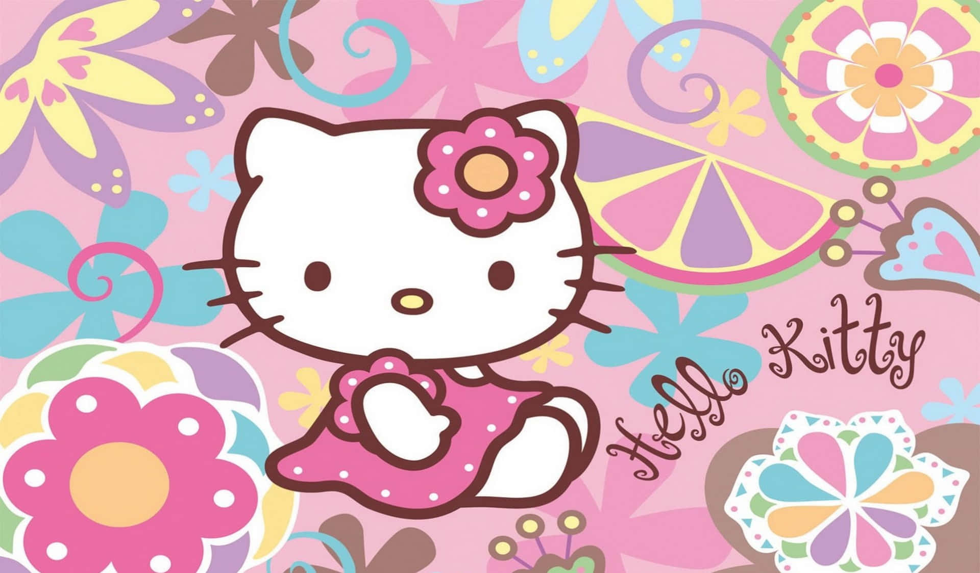 Hello Kitty, pink dress, colorful cartoon flowers, Full HD Desktop Wallpaper