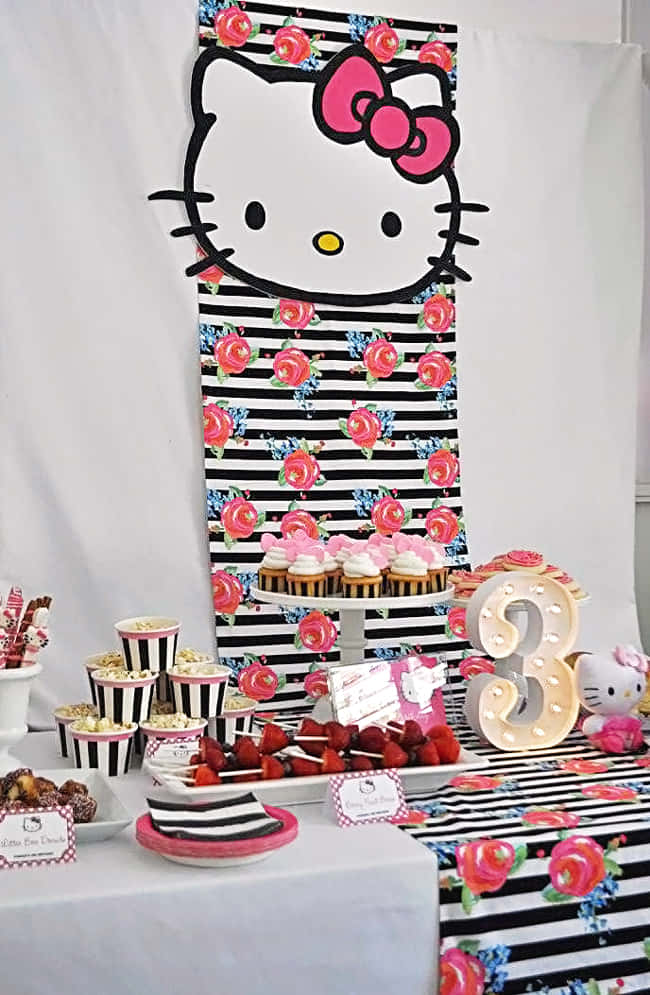 Hello Kitty, birthday party, striped pink floral decor, SD Phone Wallpaper