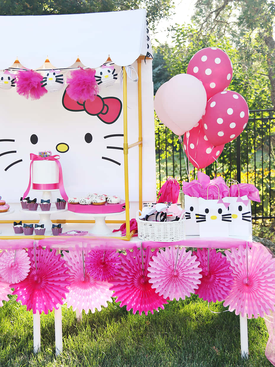 Hello Kitty, pink polka dot balloons, paper fans, SD Phone Wallpaper