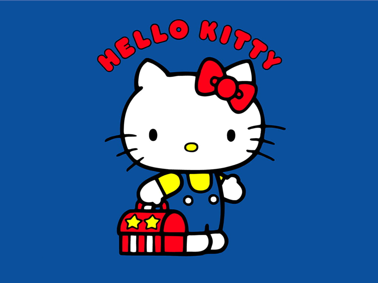 Hello Kitty, blue overalls, red suitcase, HD Desktop Wallpaper