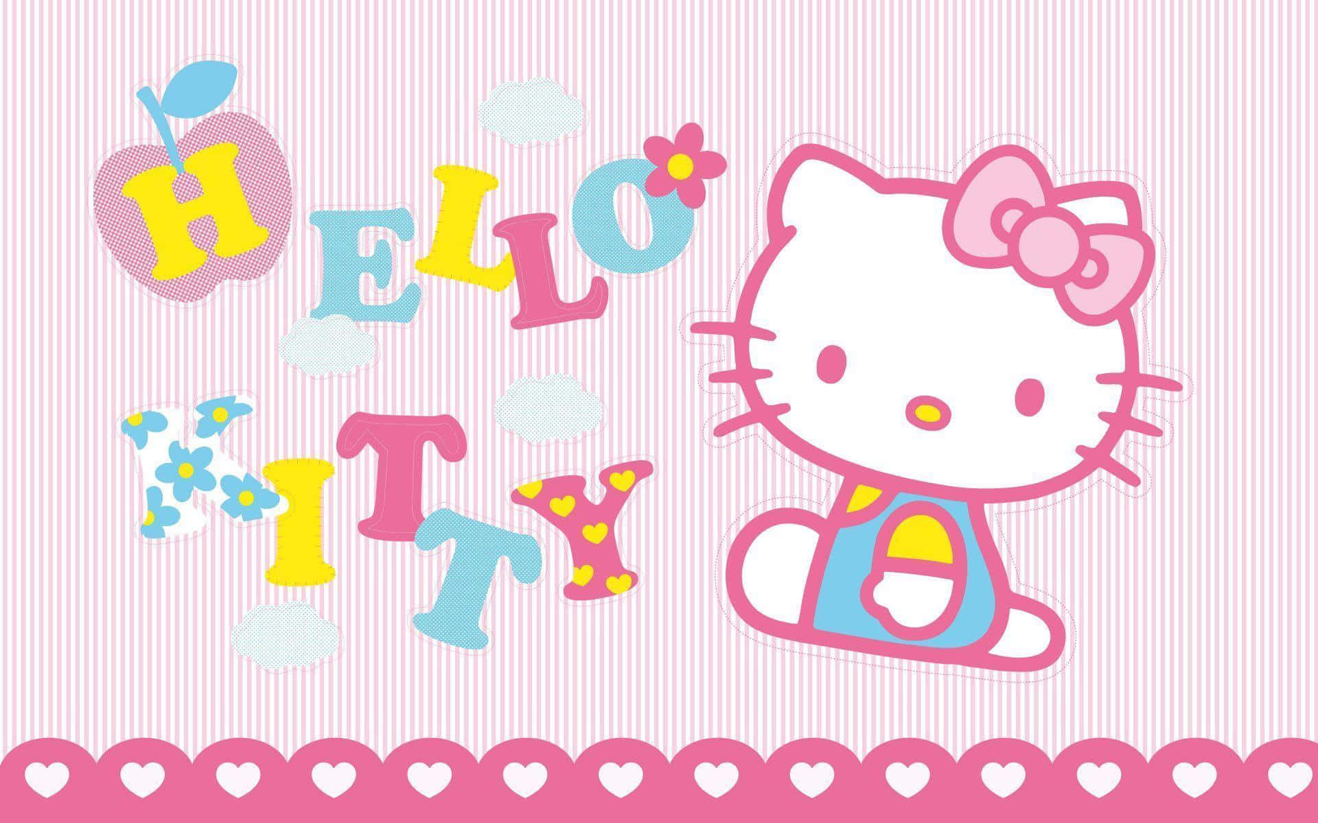 Hello Kitty, pink striped background, heart motifs, Full HD Desktop Wallpaper