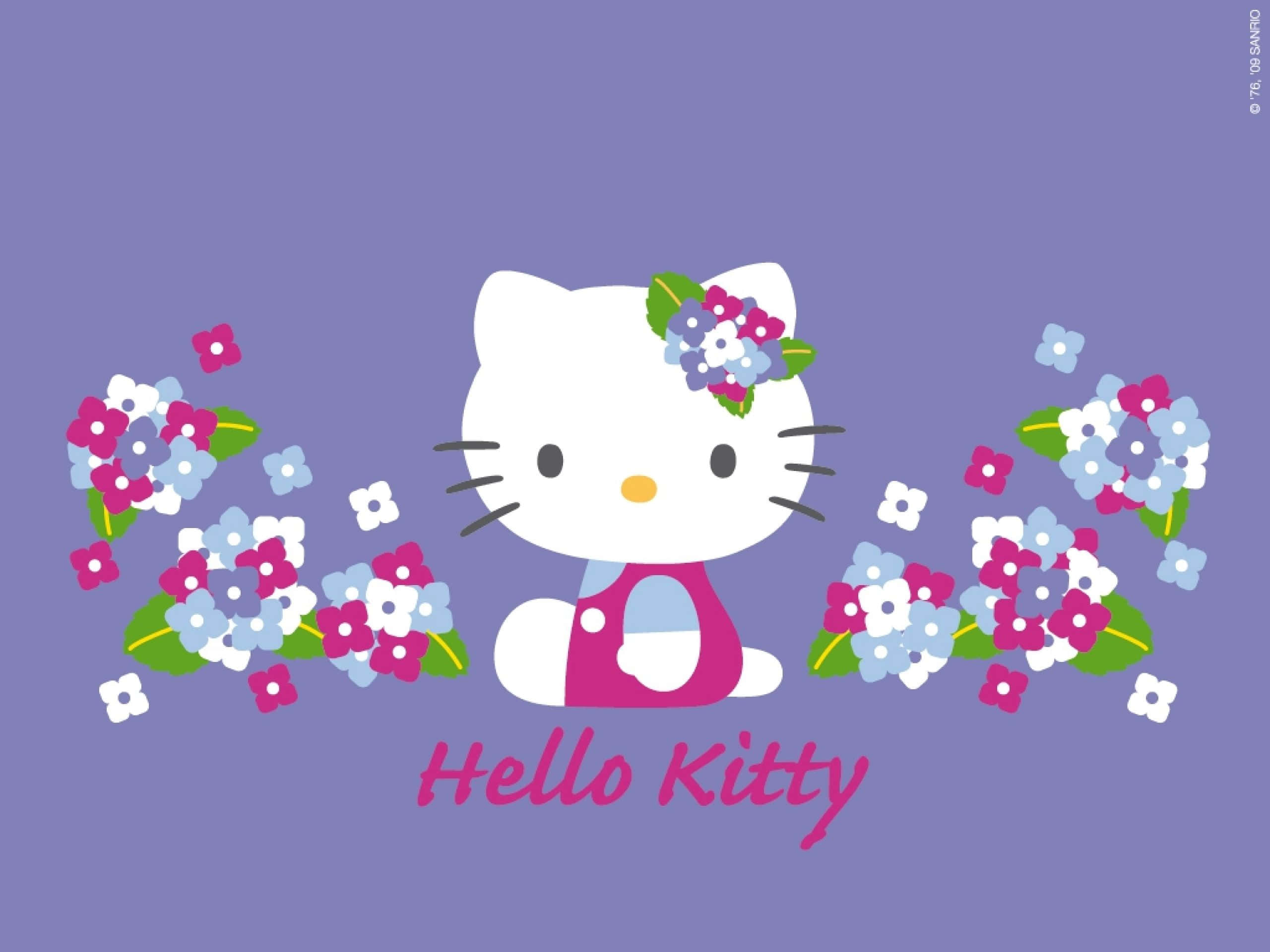 Hello Kitty, pink dress, pink blue and white flowers, 2K Desktop Wallpaper