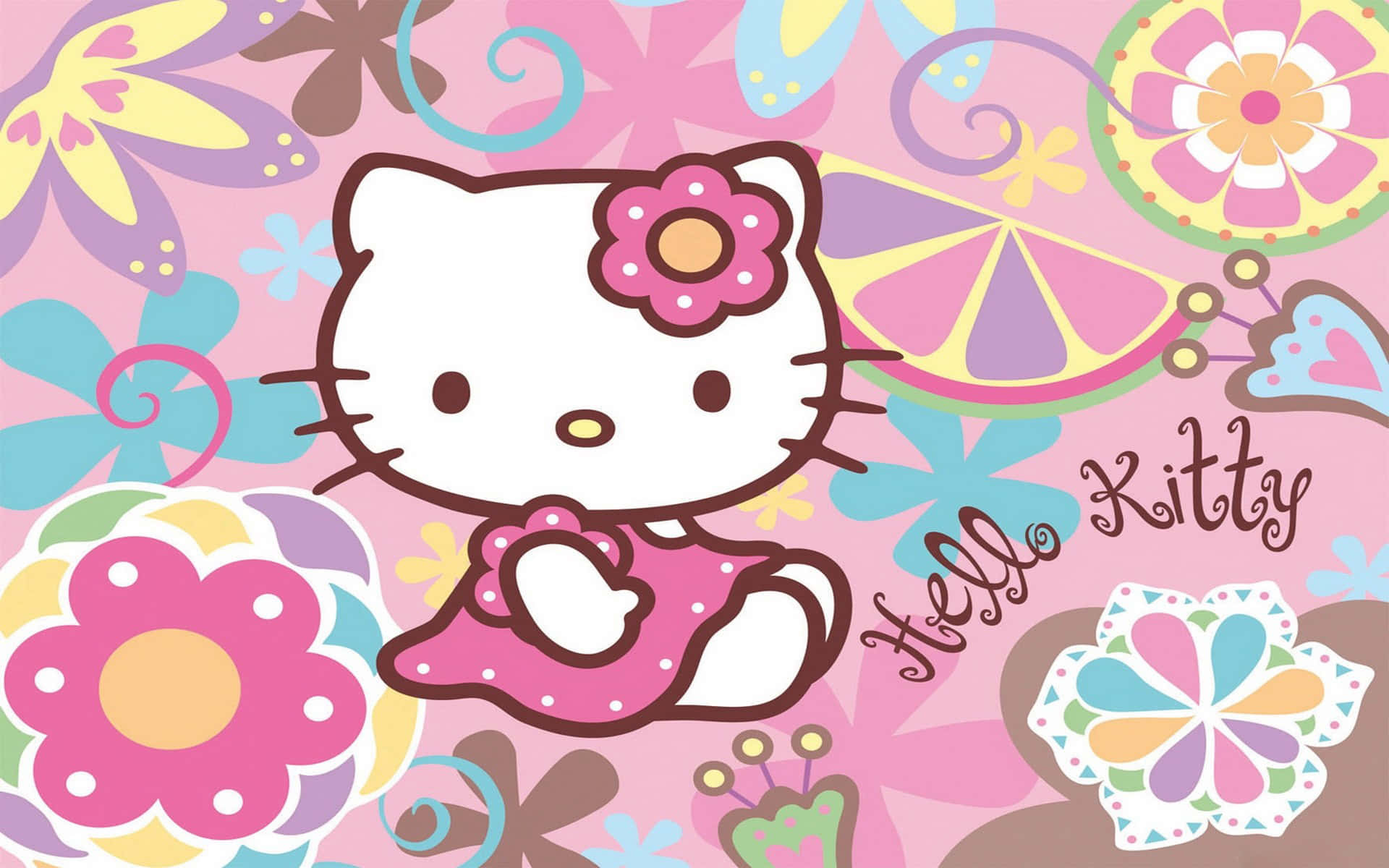 Hello Kitty, pink dress, colorful flowers, Full HD Desktop Wallpaper