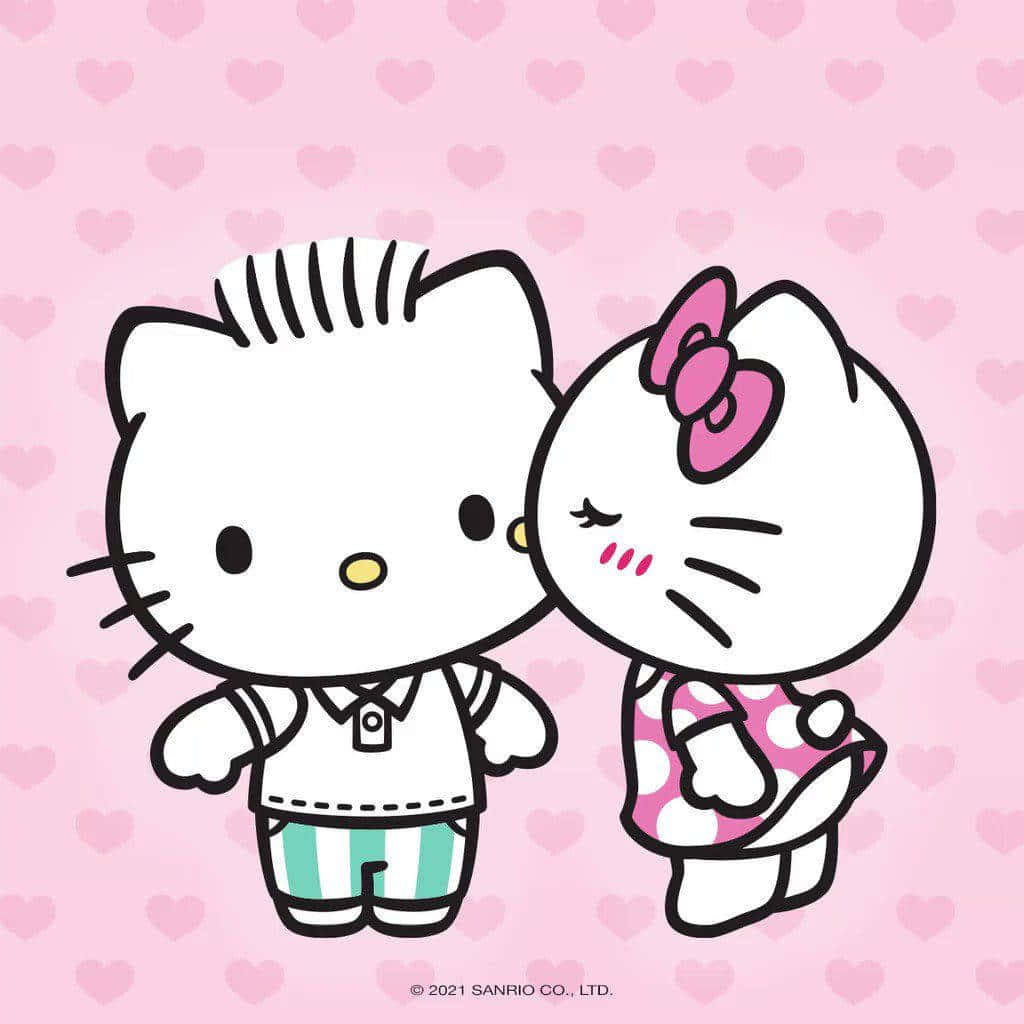 Hello Kitty, pajamas, pink heart-patterned background, SD Desktop Wallpaper