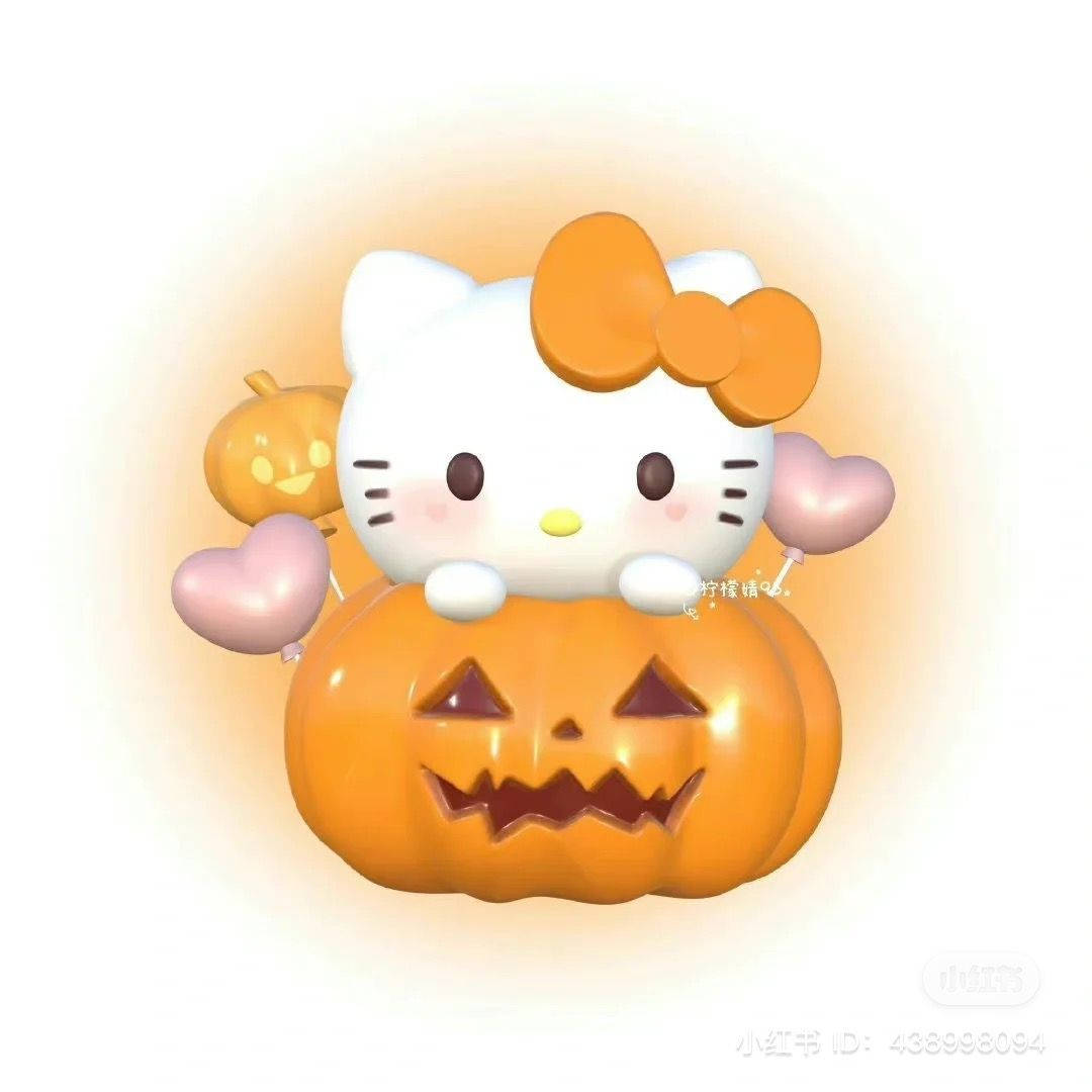 Hello Kitty, glowing orange jack-o-lantern, pink heart balloons, SD Desktop Wallpaper
