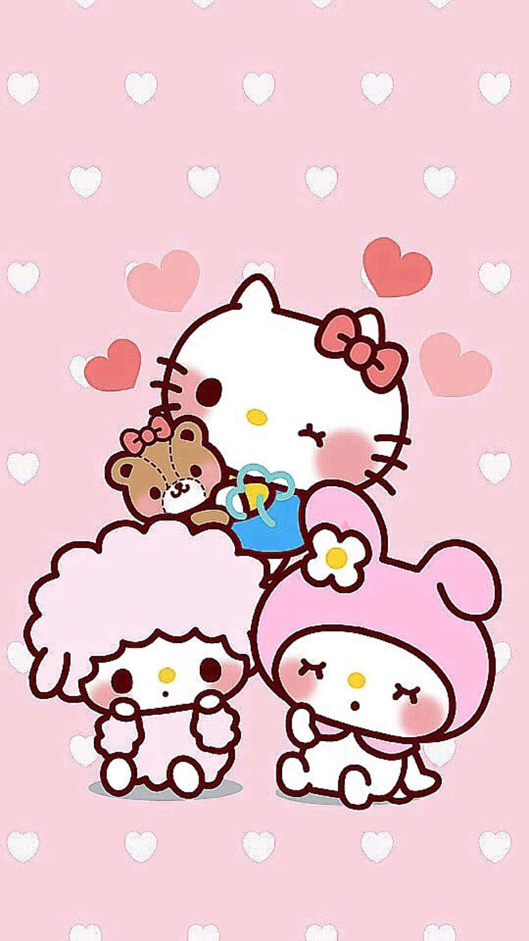 Hello Kitty, friends, pink background, Full HD Phone Wallpaper