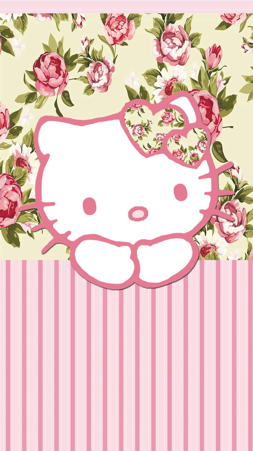 Hello Kitty, floral bow, pink striped background, Full HD Phone Wallpaper
