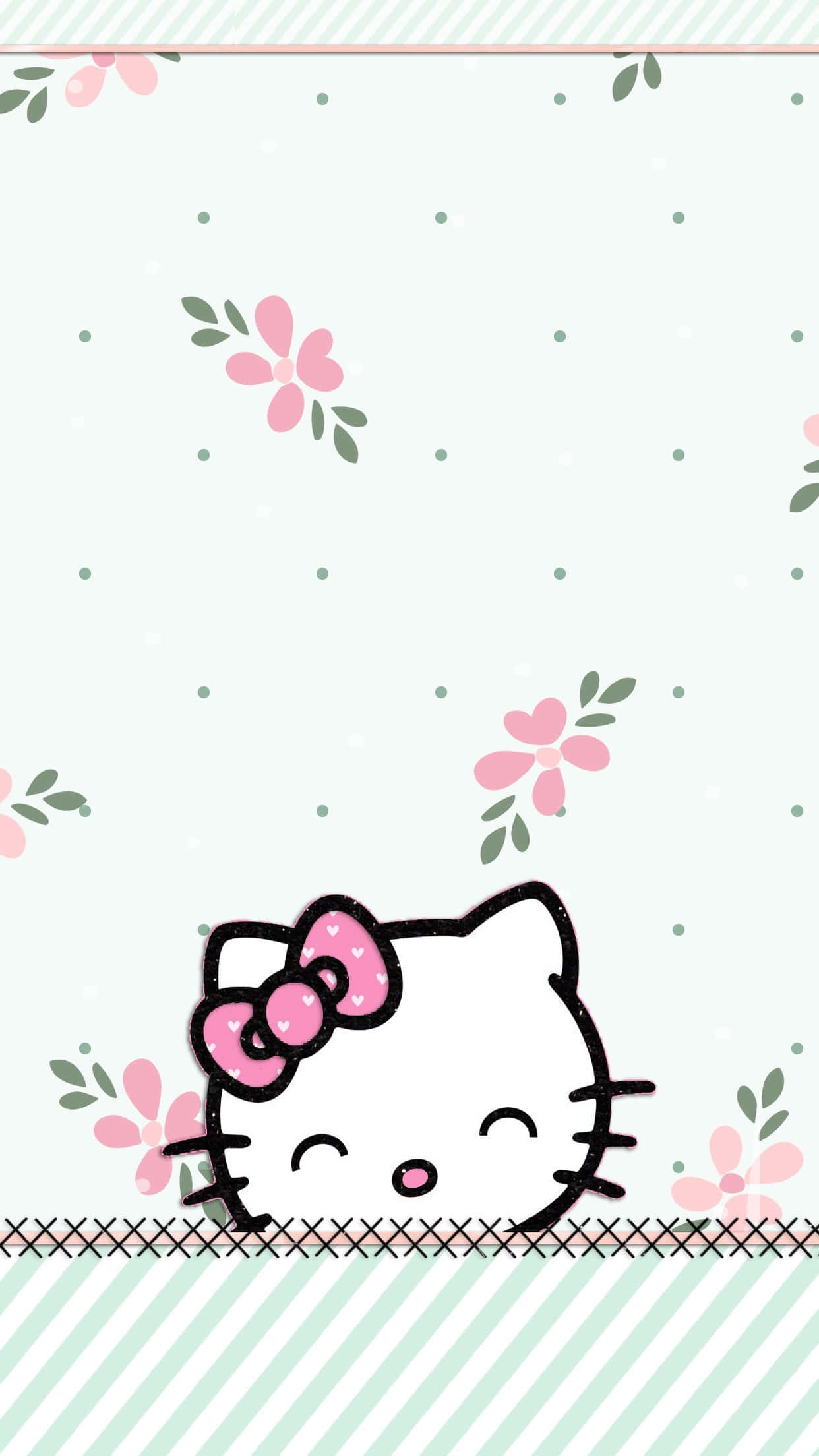 Hello Kitty, pink bow, striped border, Full HD Phone Wallpaper