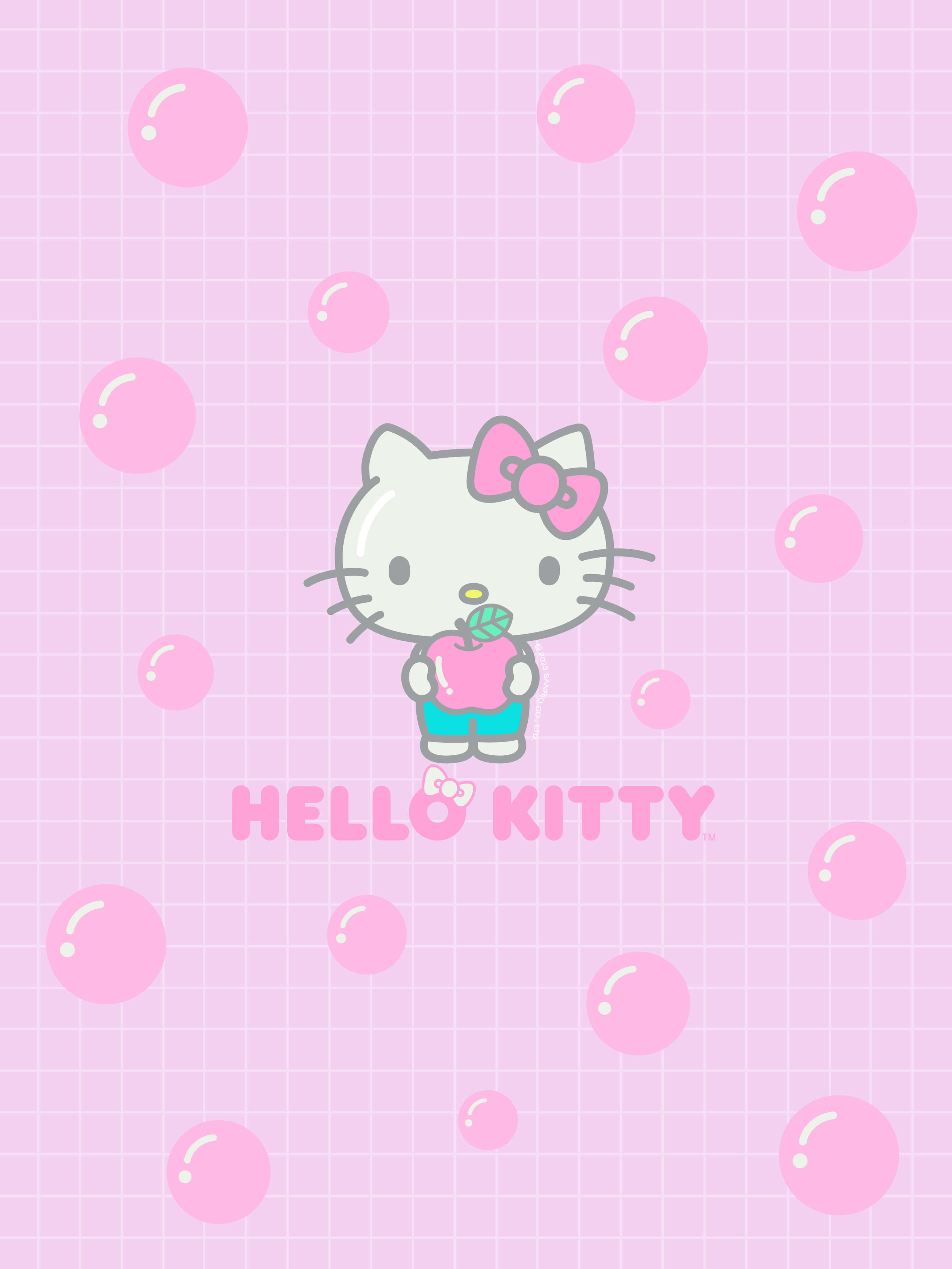 Hello Kitty, pink apple, soft pink grid background, 4K Phone Wallpaper