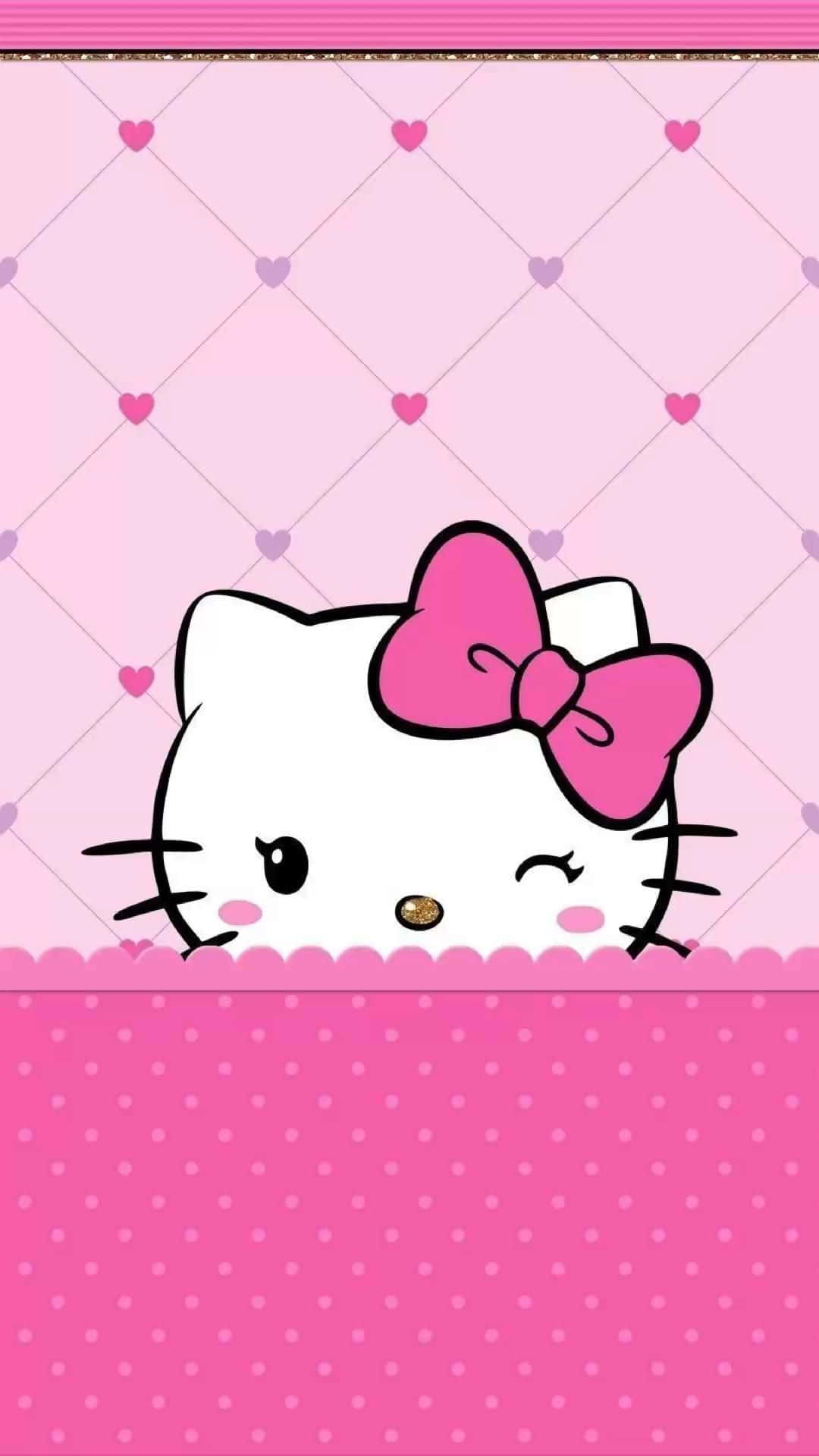 Hello Kitty, pink polka dot border, quilted pink background, Full HD Phone Wallpaper