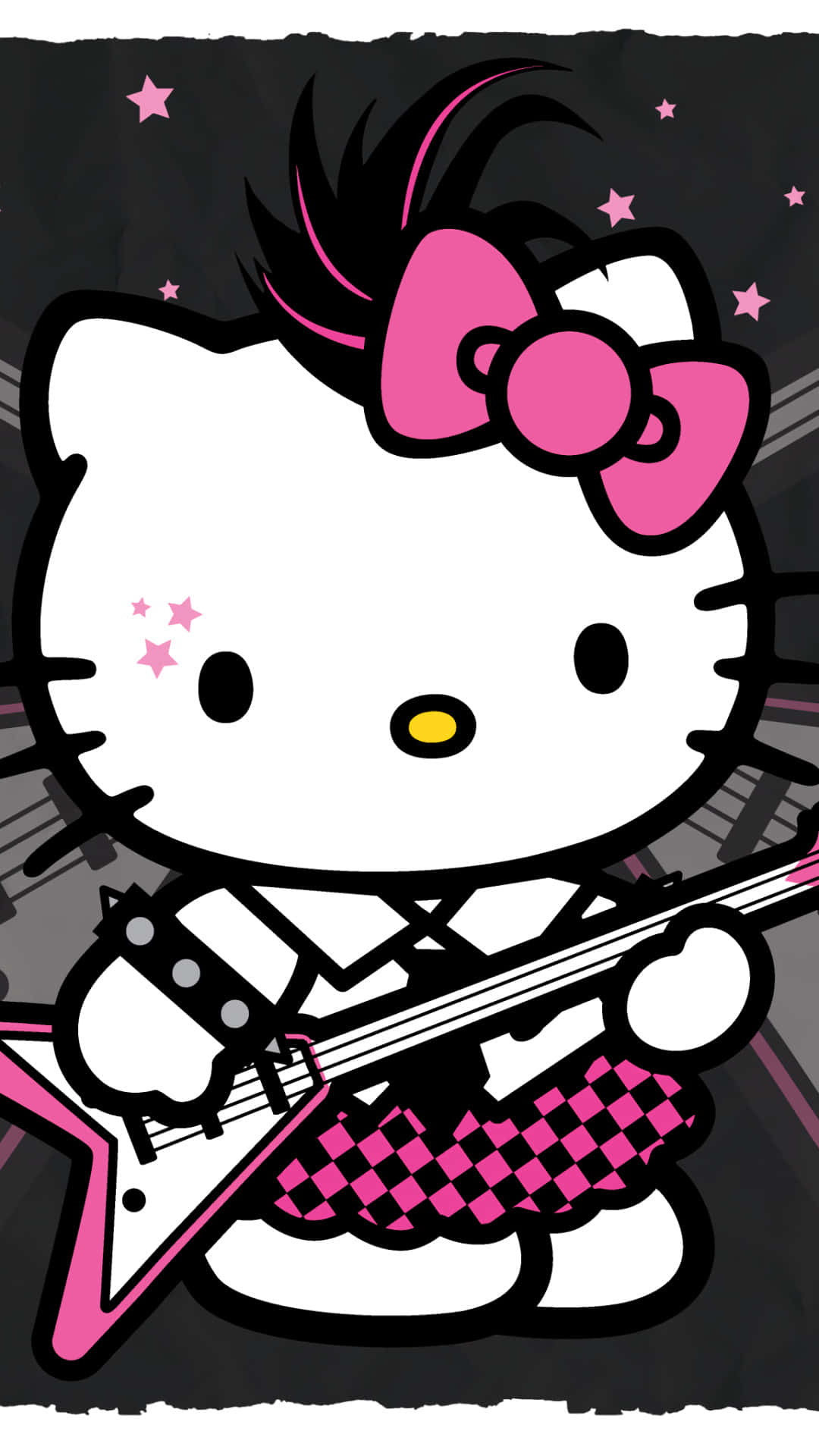 Hello Kitty, pink electric guitar, starry background, Full HD Phone Wallpaper