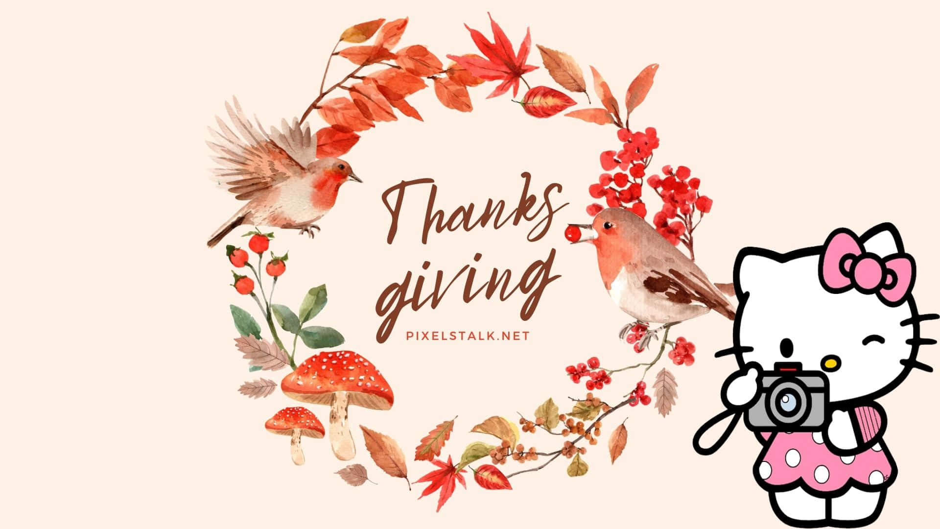 Hello Kitty, Thanksgiving, floral wreath, Full HD Desktop Wallpaper